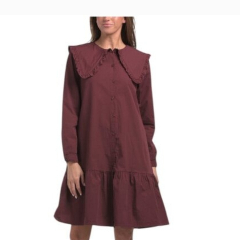 Bellambra‎ burgundy oversized ruffled hem collar Long Sleeve cotton tiered dress